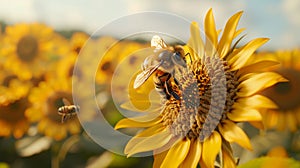 Hyperrealistic macro photo sunflower field at golden hour with honeybee, ansel adams inspired style photo