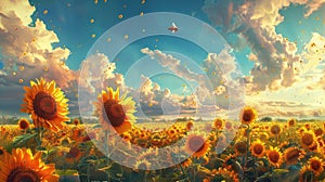 Hyperrealistic macro photo sunflower field at golden hour with honeybee landing, ansel adams style photo