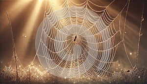 Macro Close-Up of a Dew-Covered Spider Web in Serene Morning Light