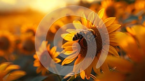 Hyperrealistic macro shot honeybee on vibrant sunflower in ansel adams style at golden hour