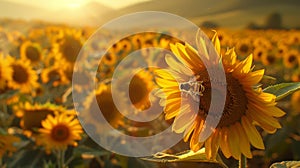 Hyperrealistic macro sunflower field at golden hour with honeybee, ansel adams style