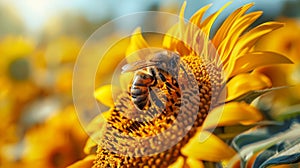 Hyperrealistic macro sunflower field at golden hour with honeybee, vibrant ansel adams style