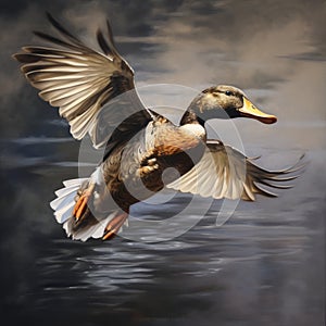 Hyperrealistic Mallard In Flight: Captivating Digital Art Painting