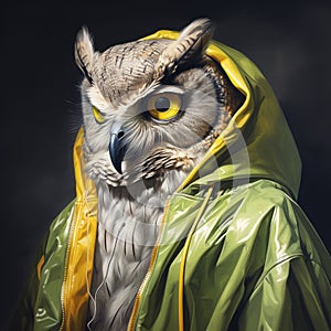 Hyperrealistic Owl Illustration In Green Jacket: A Fusion Of Cryengine And Hip Hop Aesthetics