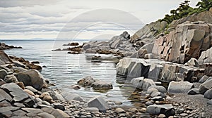 Hyperrealistic Painting Of Tranquil Scottish Shoreline With Sharp Boulders And Rocks