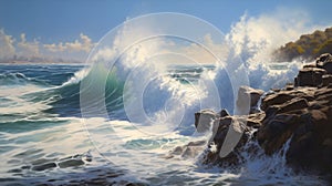 Hyperrealistic Painting: Waves Crashing On Rocks By Zohar Flax