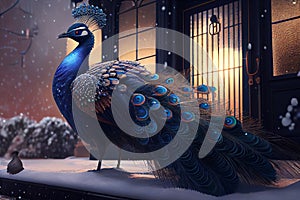 Hyperrealistic Peacock in a Surreal Blizzard, Made with Generative AI