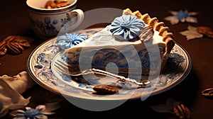 Hyperrealistic Pecan Pie With Ornate Blue Sakura Flower Cake