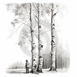 Hyperrealistic Pencil Drawing Of Person And Tree: Soviet Realism Inspired Illustration