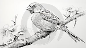 Hyperrealistic Pencil Drawing Of A Sparrow On A Flowering Tree