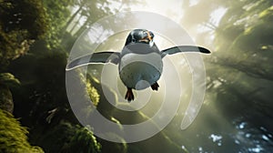 Hyperrealistic Penguin Flying Through Unreal Jungle