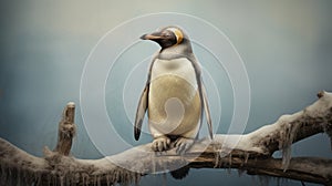 Hyperrealistic Penguin Portrait On Branch In Winter Snow