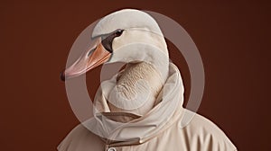 Hyperrealistic Portrait Of A White Swan In A Stylish Jacket