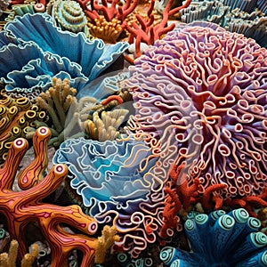 Hyperrealistic portrayal of a vibrant coral colony