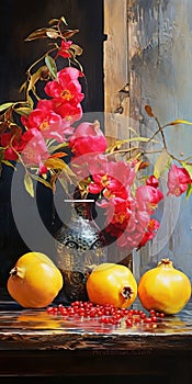 Hyperrealistic Precision: A Chinapunk Painting Of Pomegranates, Jasmine, And An Orange In A Vase