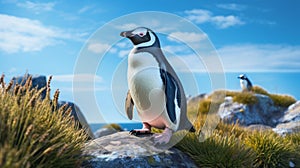 Hyperrealistic Rendering Of A Penguin On A Grassy Hill