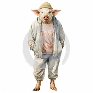 Hyperrealistic Rendering Of A Vintage Watercolored Pig In Stylish Attire