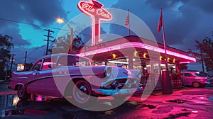 Hyperrealistic retro diner scene with neon sign, 1950s cars, and vibrant colors at evening