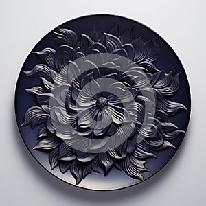 Hyperrealistic Sculpture: Indigo Chinese Plate With Radiant Flower