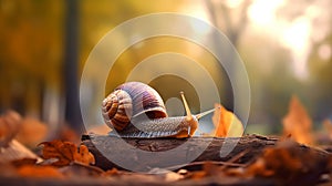 hyperrealistic snail on the tree branch in autumn leaves in sunlight