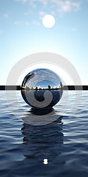 Hyperrealistic Sphere In Water With Sun: Precise, Panoramic Outdoor Scene