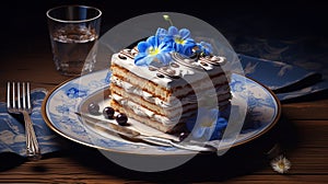 Hyperrealistic Tiramisu Cake With Blue Sakura Flowers