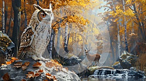 Hyperrealistic tree owl painting with detailed habitat, deer, and realistic lighting photo