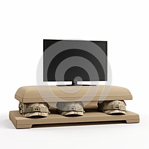 Hyperrealistic Tv Stand With Army Boots On Beige Ottoman