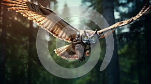 Hyperrealistic Vray Image Of An Owl Flying At High Speed In A Forest
