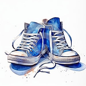 Hyperrealistic Watercolor Painting Of Blue Converse Sneakers