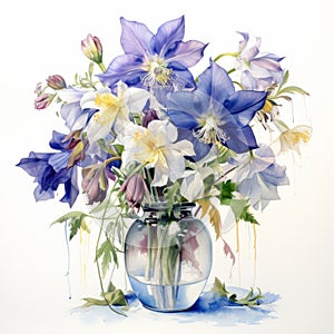 Hyperrealistic Watercolor Painting Of Columbine Flowers In A Vase photo