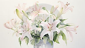 Hyperrealistic Watercolor Painting Of Pink Lilies In A Vase