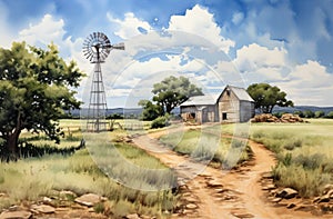 Hyperrealistic Watercolor Windmill In Australian Landscape