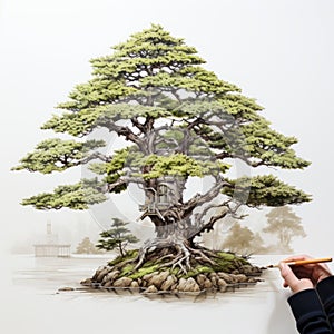 Hyperrealistic Wildlife Portrait: Detailed Tree Drawing With Japanese Motifs