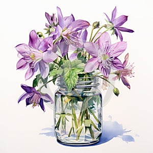 Hyperrealistic Wildlife Portrait: Purple Jar With Vibrant Columbine Flowers