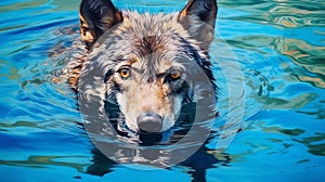 Hyperrealistic Wolf Swimming Painting: Vibrant Colors And Stunning Detail