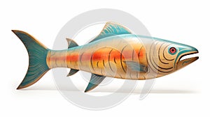Hyperrealistic Wooden Fish Statue With Vibrant Colors And Hopi Art Influence
