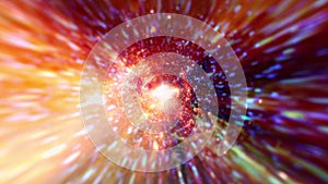 Hyperspace light speed space flight through bright gold space time wormhole vortex. 4K 3D Loop colorful Sci-Fi interstellar space.