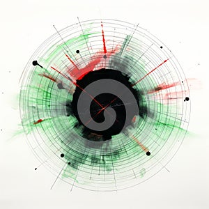 Hyperspace Noir: Interactive Green And Red Round Paint Work On Paper