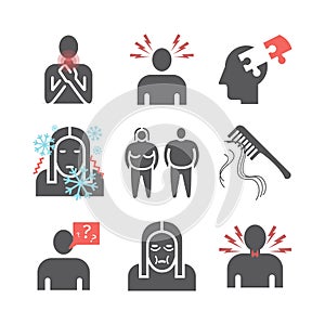 Hyperthyroidism. Symptoms, Treatment. Flat icons set. Vector signs for web graphics.