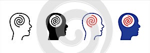 Hypnosis Psychology Silhouette and Line Icon. Mind Round Swirl Spiral Pictogram. Creative Brain Imagination Wellness