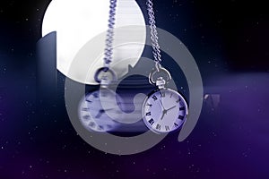 Hypnosis session. Vintage pocket watch with chain swinging against mystical sky on a full moon, motion effect