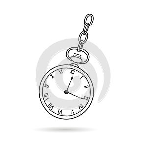 Hypnosis watch. Stopwatch for hypnotherapy. Pocketwatch with chain. Sport countdown timer. Line graphic vector simple illustration