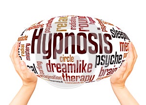 Hypnosis word cloud hand sphere concept