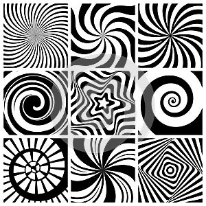 Hypnotic background. Circular swirl wallpaper spiral twist round shapes geometric abstract lines vector collection