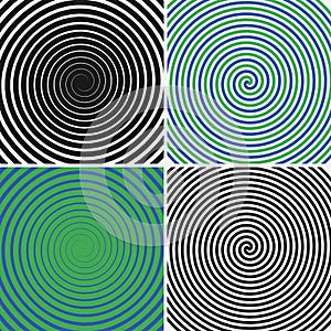 Hypnotic circles set. Collection of psychedelic spiral backgrounds. Abstract hypnosis optical illusion swirls. Vector.