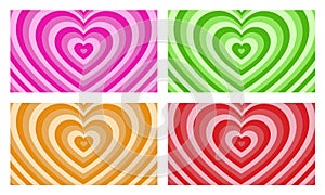 Hypnotic heart shaped tunnel color set. Rainbow retro wallpapper psychedelic 70`s background