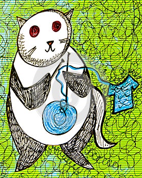 Hypnotic Knitting Tuxedo Kitty Whimsical Illustration