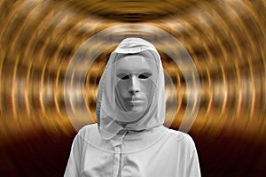 Hypnotic magic ritual, priestess and sorcerer with magical and occult white mask photo