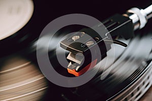 Hypnotic spin of vinyl disc. Timeless cinematic charm of analog music.Audiophile photo
